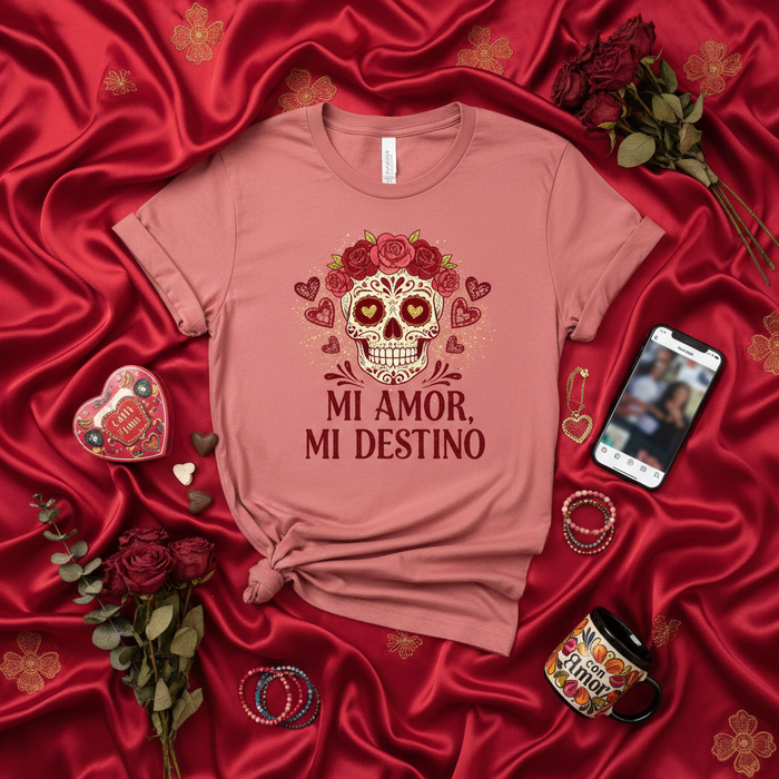 Mi Amor, Mi Destino Camiseta Calavera de Azúcar, Día de Muertos, Calavera Tee, Diseño Floral Corazón Rosa Regalo Unisex