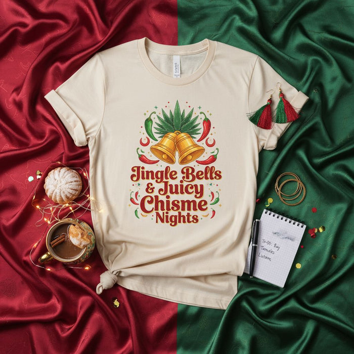 Jingle Bells & Juicy Chisme Nights T-Shirt, Funny Christmas Party Tee, Holiday Cannabis Marijuana Leaf Design, Mexican Chismosa Gifts for Women, Red Green Peppers Festive Top