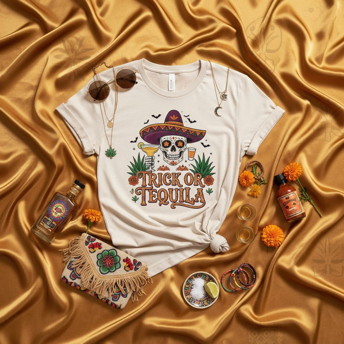 Trick or Tequila Day of the Dead T-Shirt, Sugar Skull in Sombrero with Margarita and Beer Halloween Shirt, Unisex Dia de Muertos Party Tee Shirt