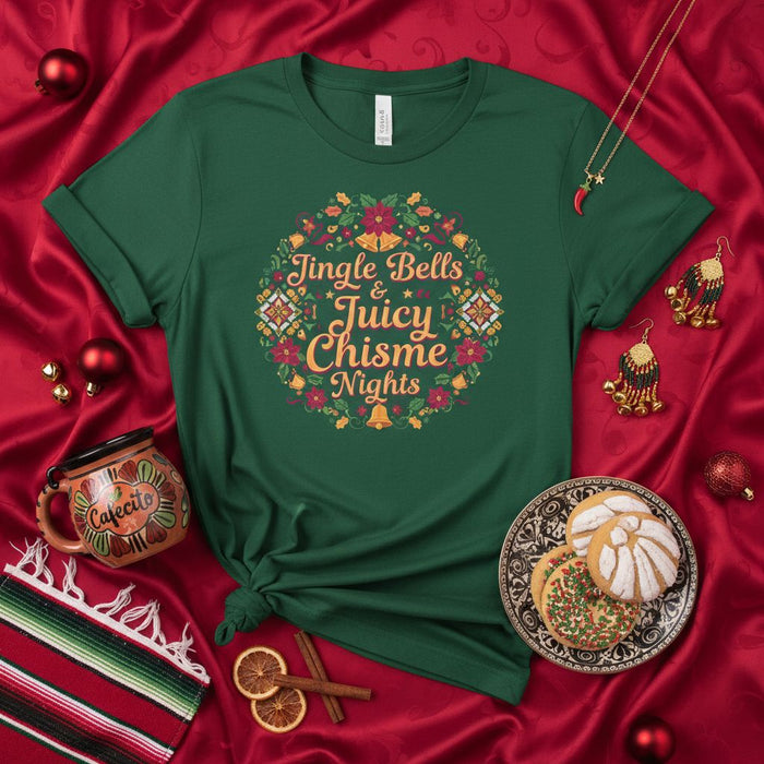 Jingle Bells & Juicy Chisme Nights Christmas T-Shirt, Funny Holiday Party Tee, Festive Floral Wreath Design, Unisex Spanish English Quote Shirt for Family Gatherings and Nochebuena, Xmas Gift Idea