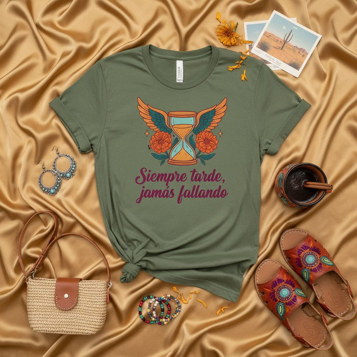 Siempre tarde, jamás fallando T-Shirt: Winged Hourglass Flowers Graphic Tee, Spanish Quote Unisex Shirt, Desertcore Aesthetic Clothing