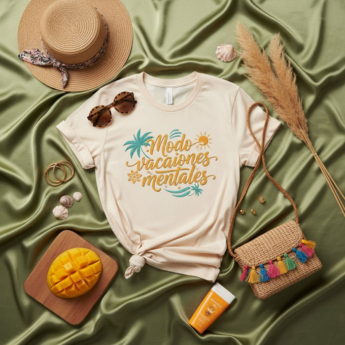 Modo Vacaciones Mentales T-Shirt, Mental Vacation Mode Tee, Spanish Summer Shirt, Palm Tree Sun Graphic, Unisex Beach Holiday Apparel