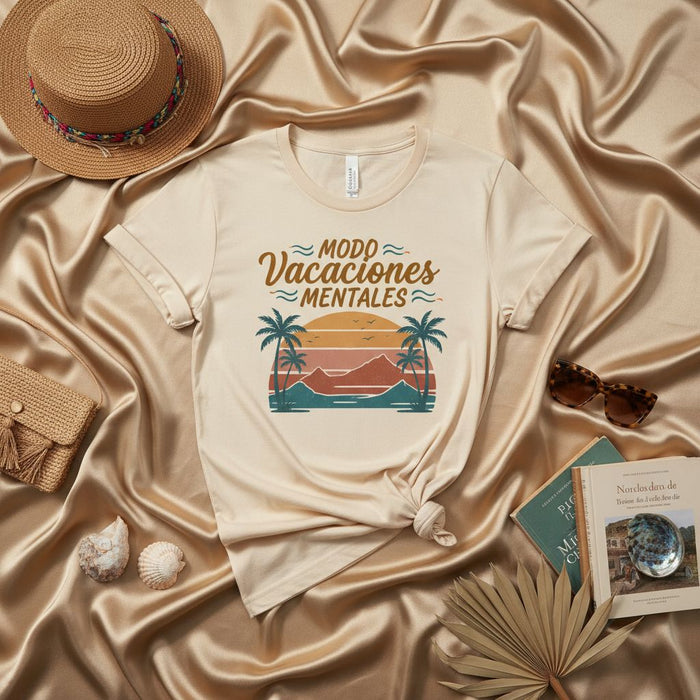 Modo Vacaciones Mentales T-Shirt | Retro Sunset Palm Trees Graphic Tee | Spanish Vacation Mode Shirt | Beach Trip Apparel for Men and Women