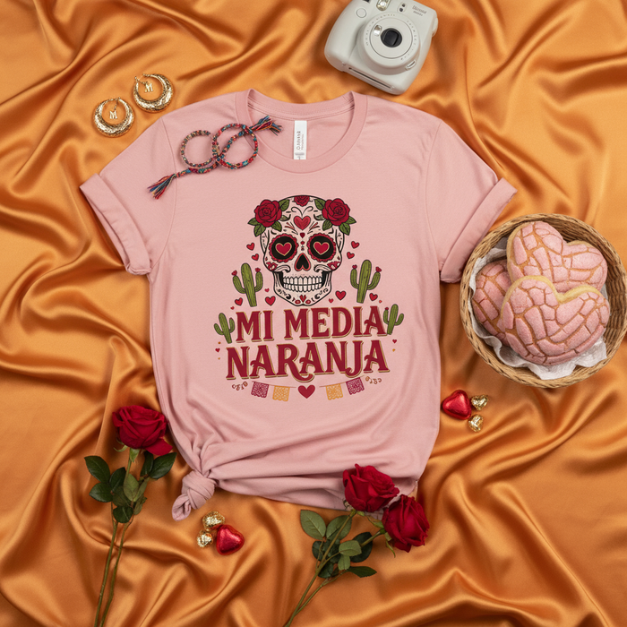 Mi Media Naranja Sugar Skull T-Shirt, Día de Muertos Valentine's Day Tee, Cute Mexican Concha Heart Shirt, Calavera Roses Cactus Love Gift, Unisex Pink Graphic Tee