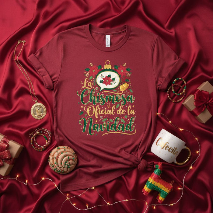 La Chismosa Oficial de la Navidad T-Shirt | Spanish Christmas Gossip Tee | Funny Mexican Holiday Shirt | Poinsettia Ornament Design | Unisex Latinx Seasonal Gift
