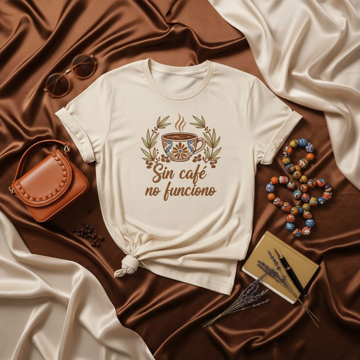 Sin café no funciono T-Shirt, Coffee Lover Unisex Tee, Spanish Quote Shirt, Floral Mug Design, Gift for Coffee Addicts, Aesthetic Beige Top