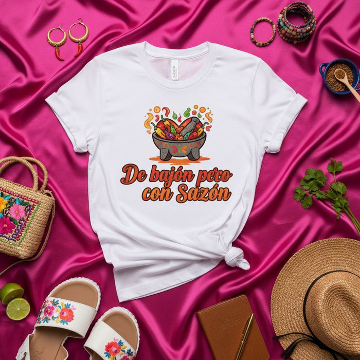 De bajón pero con Sazón T-Shirt, Spicy Molcajete Salsa Heart Shirt, Funny Spanish Foodie Tee, Mexican Hot Sauce Chili Peppers Comfort Shirt, Fiesta Outfit Gift