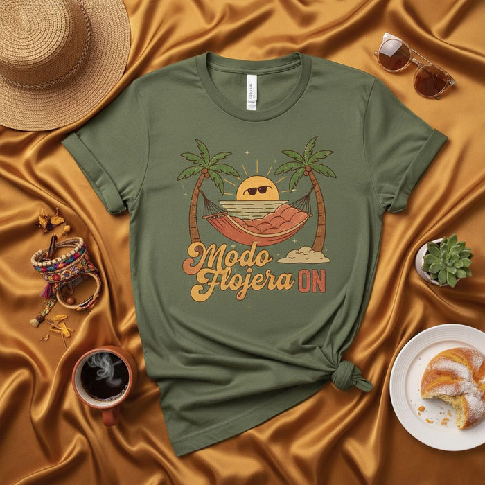 Modo Flojera On Shirt, Funny Spanish Slogan Tee, Relaxation T-Shirt with Hammock Palm Trees and Sunglasses Sun Graphic, Unisex Summer Vacation Outfit