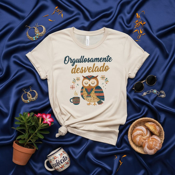 Orgullosamente Desvelado Owl T-Shirt, Coffee Lover, Night Owl Gift, Spanish Phrase Tee, Unisex Graphic Shirt for Sleepless Hustlers, Cute Boho Owl Design