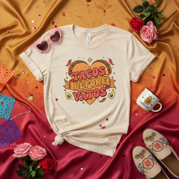 Tacos Before Vatos Shirt, Funny Latina T-Shirt, Mexican Food Lover Gift, Día de Muertos T-Shirt, Cinco de Mayo Fiesta Tee, Heart Tacos Graphic Shirt, Women's Humor Latinx Apparel