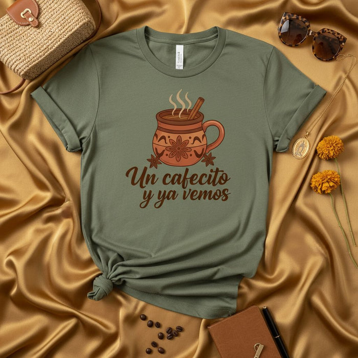 Un cafecito y ya vemos T-Shirt, Hot Chocolate Mug with Cinnamon Stick, Spiced Coffee Lover Tee, Spanish Quote Unisex Shirt, Hispanic Heritage Gift Idea