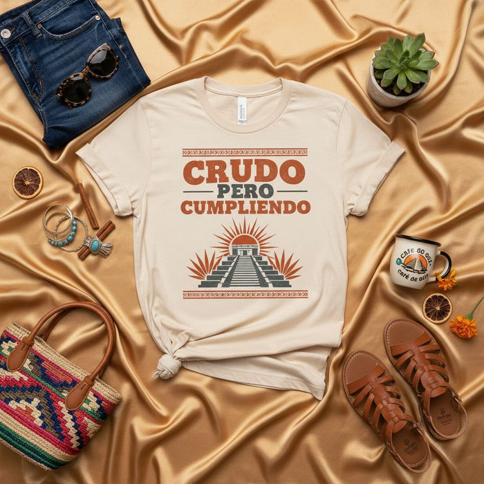 Crudo Pero Cumpliendo T-Shirt, Funny Mexican Hangover Shirt, Aztec Pyramid Mayan Ruin Graphic Tee, Fiesta Alcohol Party Gift for Him or Her