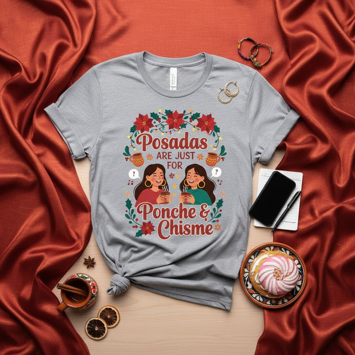 Posadas Are Just For Ponche & Chisme T-Shirt, Latinx Christmas Holiday Shirt, Mexican Posadas Tee, Two Women Drinking Hot Chocolate, Poinsettia Wreath Design