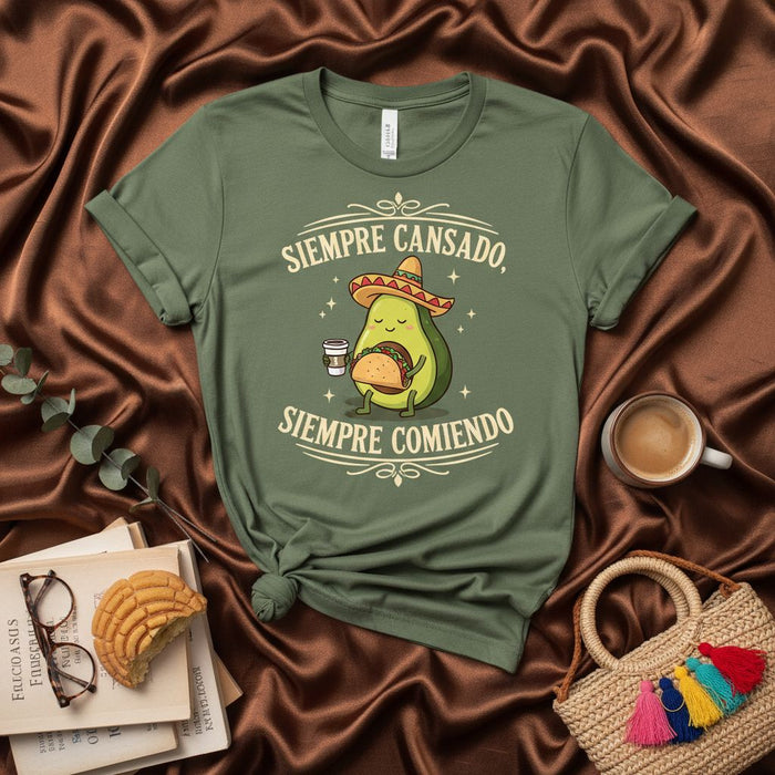 Siempre Cansado Siempre Comiendo Avocado T-Shirt, Funny Mexican Food Taco Coffee, Sleepy Guacamole Lover Gift, Cute Spanish Graphic Tee for Men Women, Cinco de Mayo Fiesta Humor