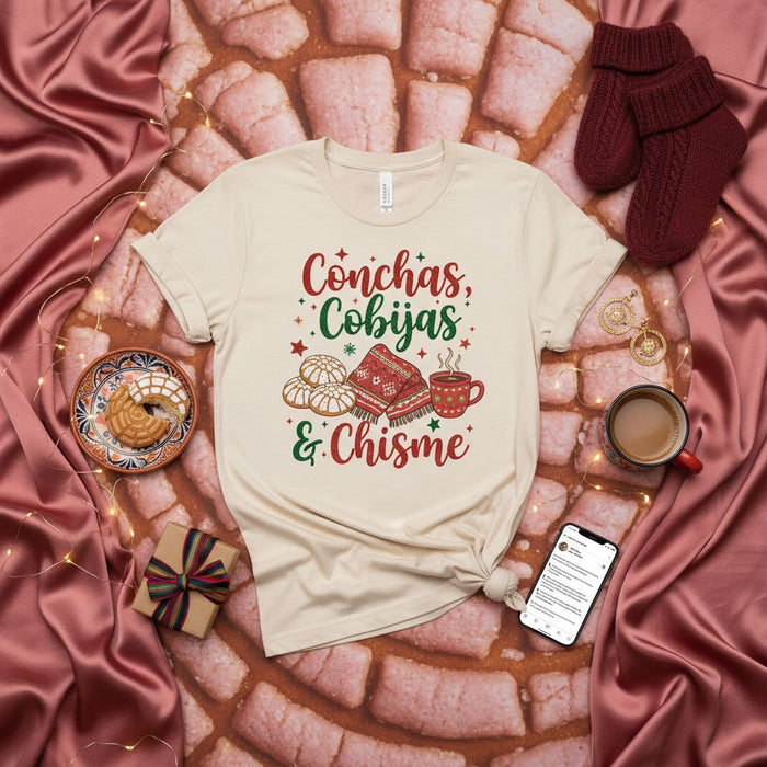 Conchas Cobijas Chisme Shirt, Cozy Mexican Winter Christmas T-Shirt, Pan Dulce Hot Chocolate Blanket Latina Gift, Holiday Fiesta Unisex Tee.