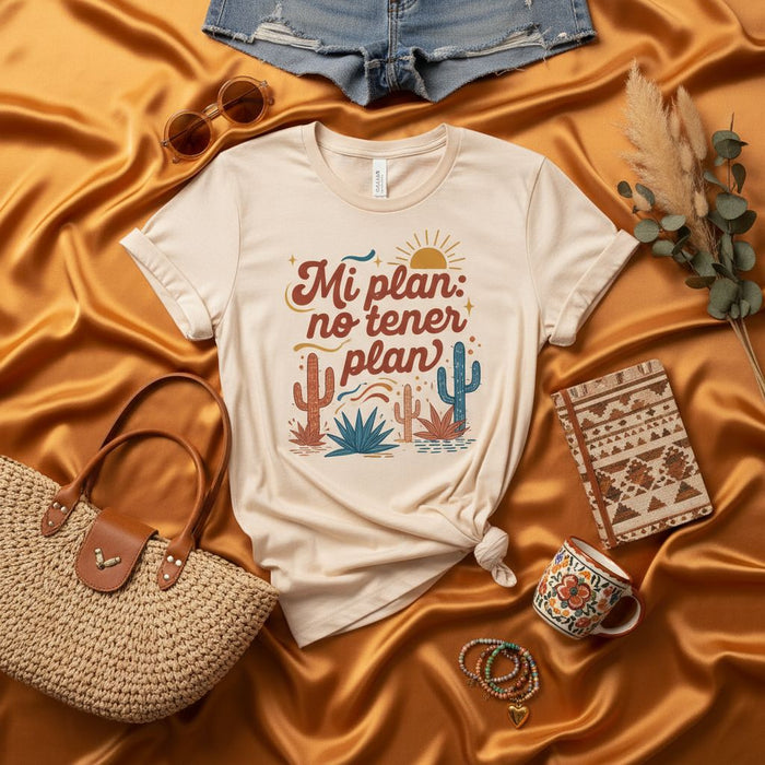 Mi plan: no tener plan - Unisex Spanish Quote Desert Cactus Graphic Tee Shirt, No Plan T-Shirt, Casual Summer Vacation Top, Boho Style Apparel, Funny Saying Gift