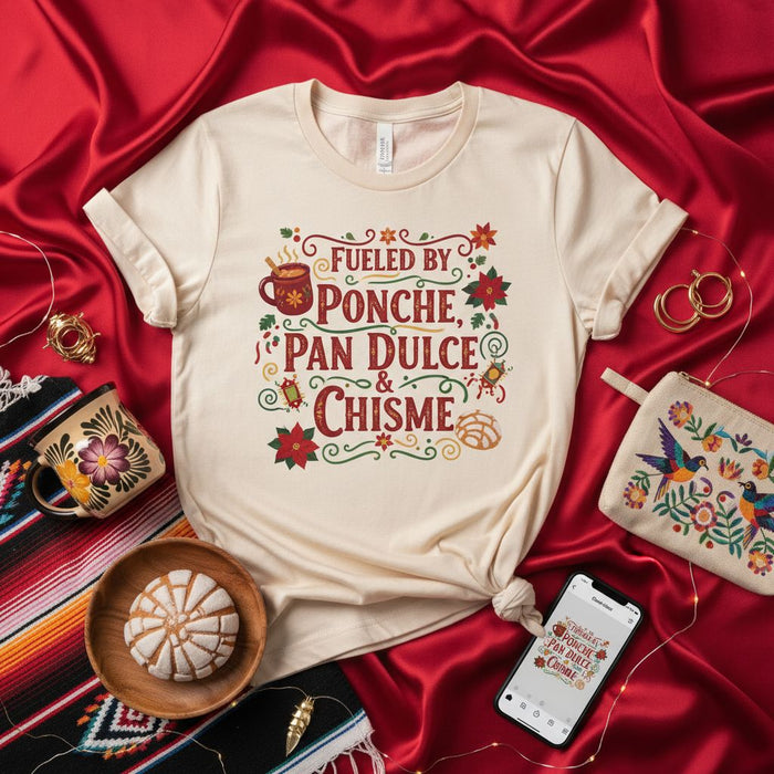 Camicia Alimentata da Ponche, Pan Dulce e Chisme, Maglietta Accogliente con Bevanda Calda Messicana e Pane Dolce di Natale, Regalo per Riunione Familiare Latinx per le Feste, T-shirt Unisex.