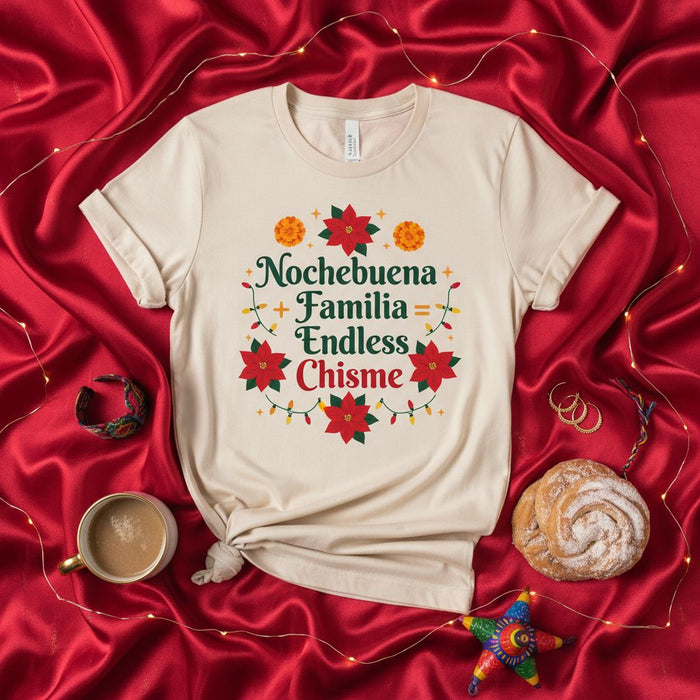 Nochebuena Familia Endless Chisme Shirt, Funny Christmas T-Shirt, Poinsettia Marigold Wreath Holiday Tee, Spanish English Mixed Phrase Xmas Top for Family Party