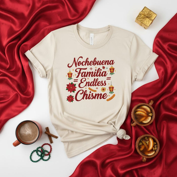 Nochebuena Familia Endless Chisme Shirt, Funny Latinx Christmas T-Shirt, Poinsettia Lanterns Holiday Tee, Hispanic Family Gathering Gift, Feliz Navidad Clothing