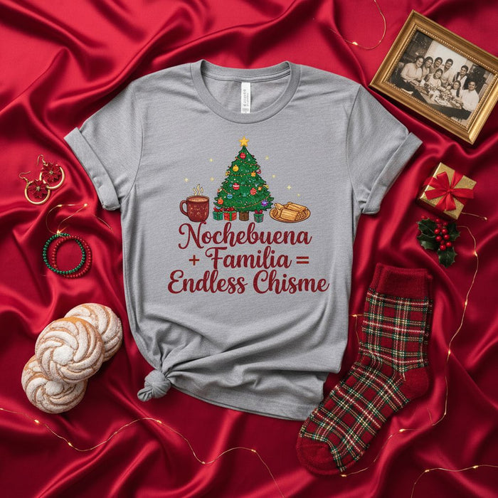 Nochebuena + Familia = Endless Chisme Christmas Shirt, Festive Holiday Family Gossip Tee, Spanish English Mixed Text Xmas T-Shirt with Tree, Tamales, and Hot Chocolate Design