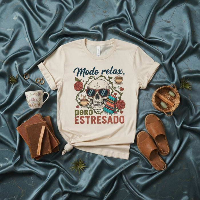 Modo relax, pero estresado Calavera with Sunglasses, Roses, and Coffee T-Shirt, Unisex Skull Graphic Tee, Funny Spanish Phrase Stress Relief Shirt Gift Idea