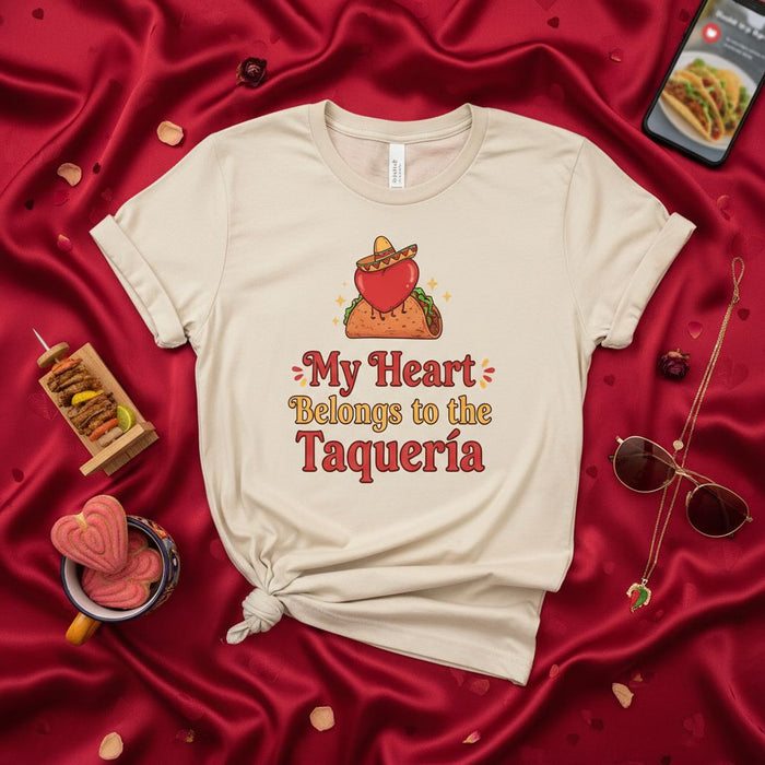 My Heart Belongs to the Taquería Shirt, Funny Taco Love T-Shirt, Unisex Foodie Gift, Taqueria Lover Graphic Tee, Mexican Food T-Shirt, Cute Heart on Taco Graphic, Spanish Taqueria Quote Shirt