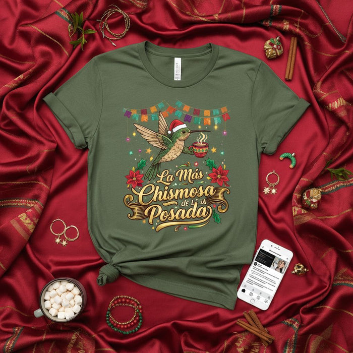 La Más Chismosa de la Posada Christmas Hummingbird T-Shirt, Funny Holiday Party Tee, Spanish Posadas Fiesta Shirt, Latinx Christmas Gift Idea, Unisex Short Sleeve T-Shirt