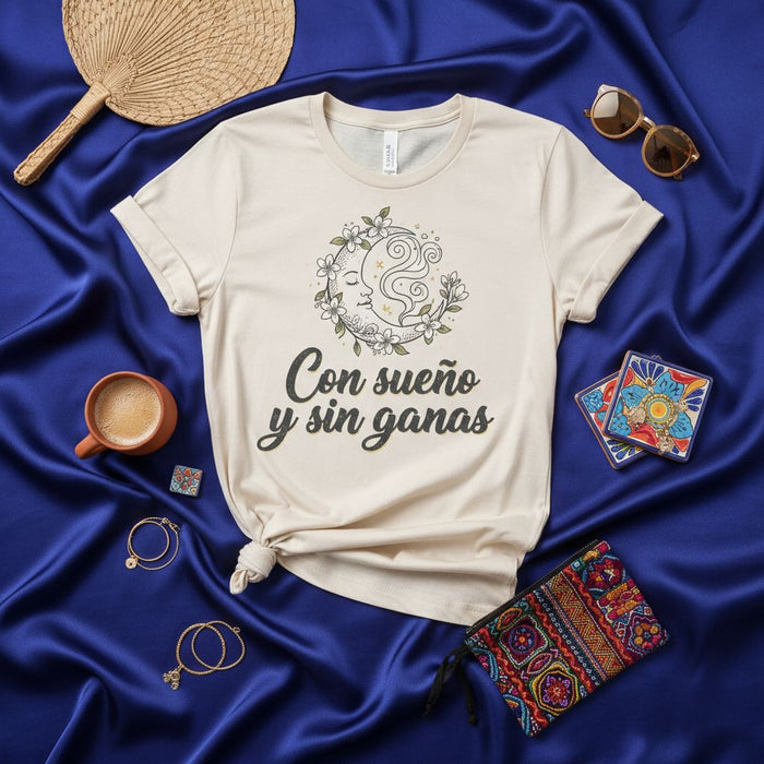 Con sueño y sin ganas T-Shirt, Celestial Moon Face Floral Graphic Tee, Spanish Phrase Nap Lover Shirt, Unisex Summer Apparel Gift