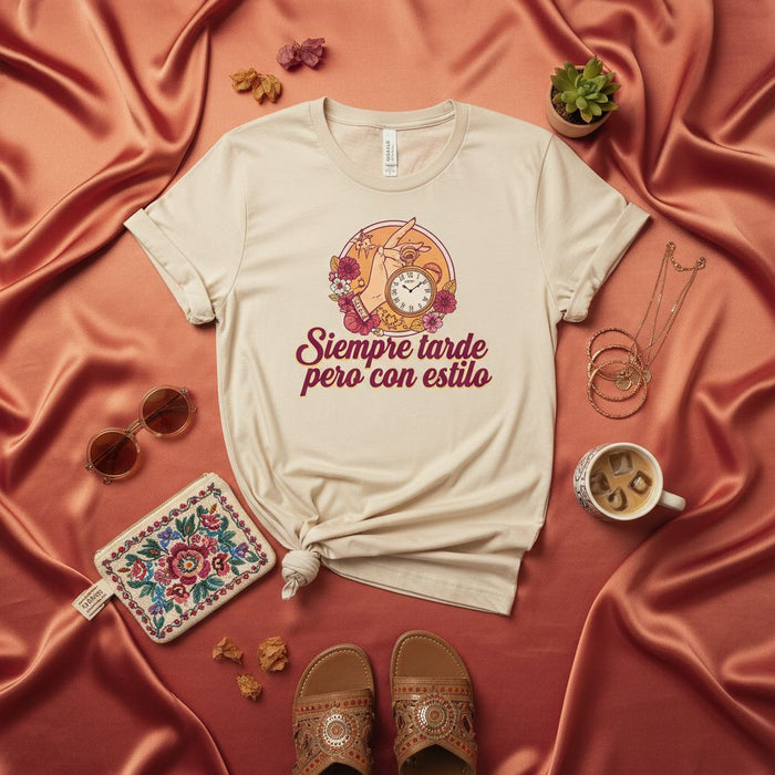 Siempre tarde pero con estilo T-Shirt, Always Late but with Style, Spanish Quote Tee, Floral Clock Graphic, Funny Latina Shirt, Gift for Her, Unisex Soft Cream Short Sleeve T-Shirt