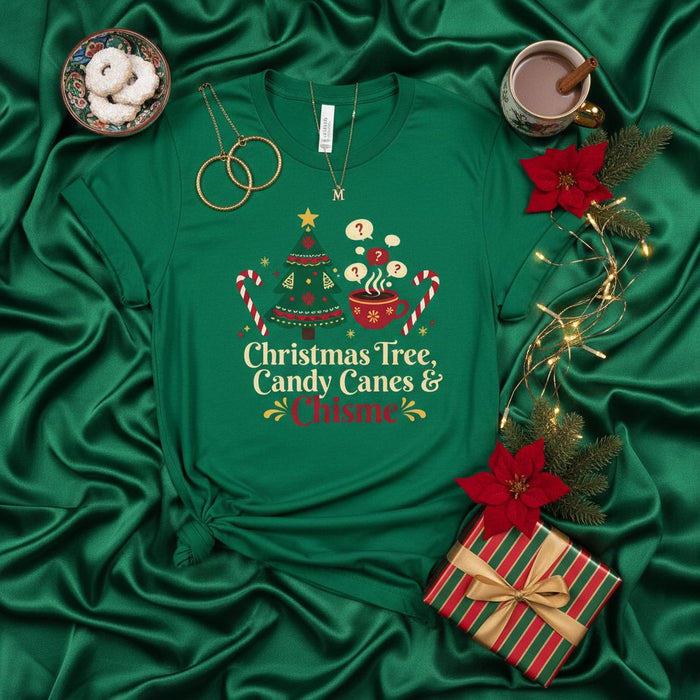 Christmas Tree, Candy Canes & Chrismst T-Shirt, Funny Christmas Tree Shirt, Hot Chocolate Mug Holiday Tee, Xmas Family Matching Shirt, Green Unisex Festive Apparel