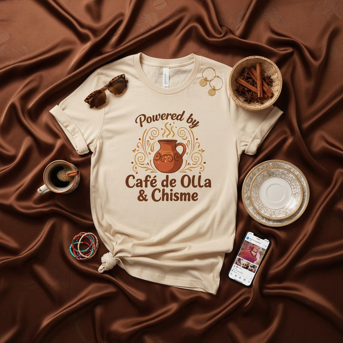 Powered by Café de Olla & Chisme T-Shirt, Unisex Tee with Coffee Mug Design, Latina Gift, Spanish Quote Shirt, Mexican Coffee Lover Apparel, Gossip and Coffee Culture Top