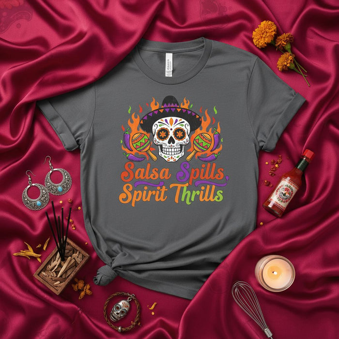 Salsa Spills Spirit Thrills Day of the Dead Sugar Skull Fiesta T-Shirt, Cinco de Mayo Skeleton Maracas Sombrero Chili Peppers Graphic Tee, Unisex Funny Halloween Costume Shirt Gift