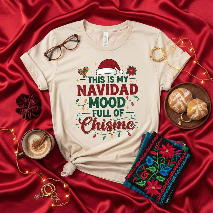 This Is My Navidad Mood Full of Chisme Shirt, Funny Latinx Christmas Tee, Holiday Gossip Spanish Pun T-Shirt, Fiesta Mexican-Inspired Xmas Gift for Her Him, Cute Festive Apparel with Santa Hat Lights