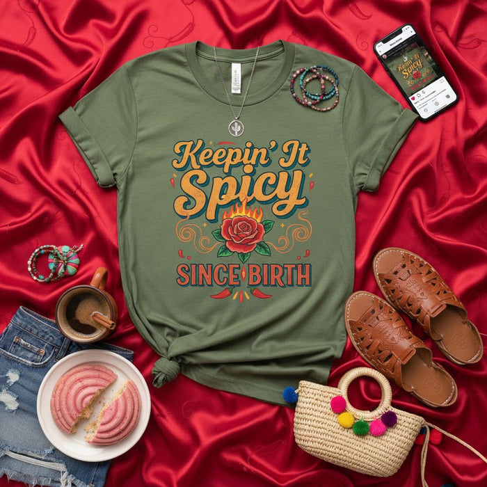 Keepin' It Spicy Since Birth T-Shirt, Hot Chili Pepper Rose Tee, Funny Retro Style Graphic Shirt, Mexican Culture Inspired Gift, Unisex Viva La Vida Clothing