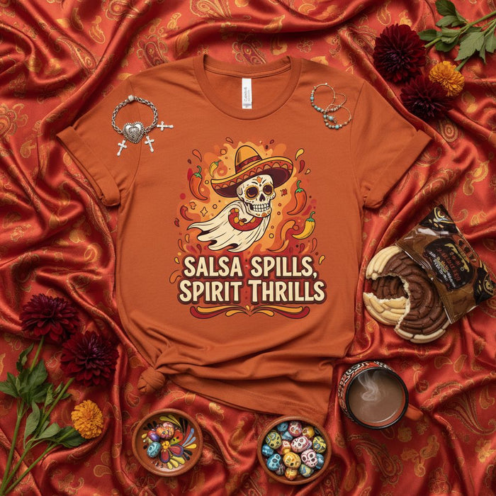 Salsa Spills Spirit Thrills Shirt, Funny Halloween Ghost Sombrero Skull Day of the Dead Tee, Spooky Fiesta T-Shirt, Unisex Graphic Novelty Top