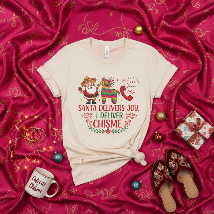Santa Delivers Joy I Deliver Chisme Shirt, Funny Latinx Christmas Tee, Mexican Fiesta Holiday Piñata and Santa Sombrero T-Shirt, Cafecito and Chisme Gift Top for Women and Men