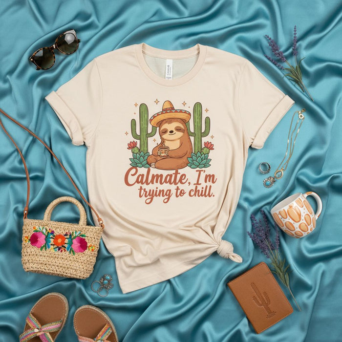 Calmate, I'm trying to chill. Funny Sloth Sombrero T-Shirt, Cute Animal Drinking Coffee Shirt, Desert Cactus Theme Unisex Tee, Relaxing Sloth Graphic Top