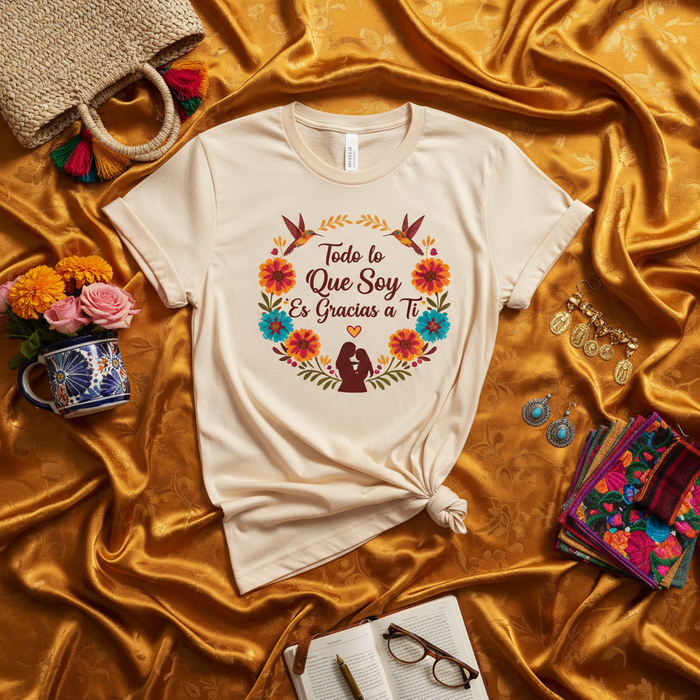 Todo lo Que Soy Es Gracias A Tí T-Shirt, Mother's Day Spanish Tee, Floral Hummingbird Design, Regalo para Mamá, Mexican Fiesta Inspired Shirt, Gift for Mom from Daughter Son, Spanish Saying Apparel