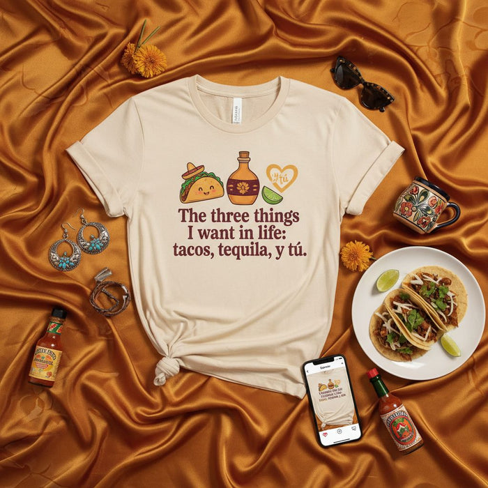 The three things I want in life: tacos, tequila, y tú. Graphic T-Shirt | Funny Food & Drink Tee with Taco, Tequila Bottle, and Corazón Art | Unisex Spanish-English Phrase Shirt Gift Idea