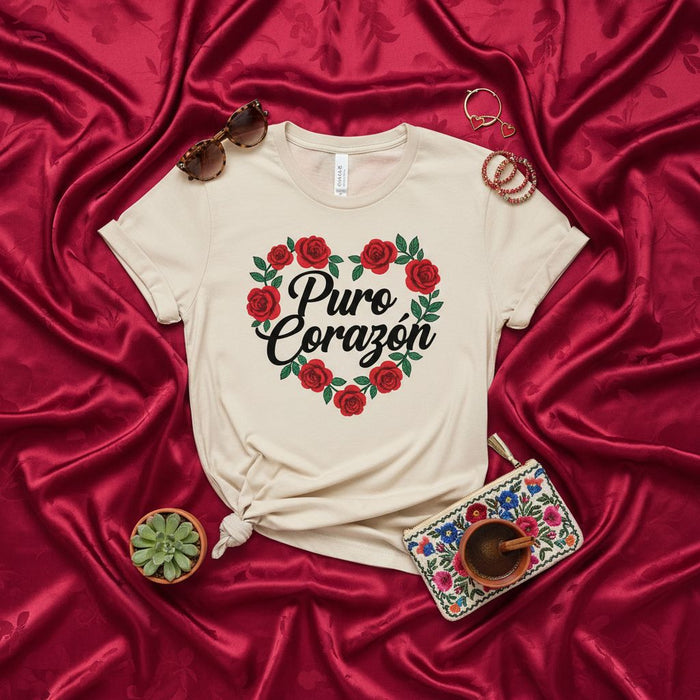 Puro Corazón Shirt, Heart of Roses Graphic Tee, Beige Unisex T-shirt, Spanish Phrase Clothing, Latinx Gift Idea