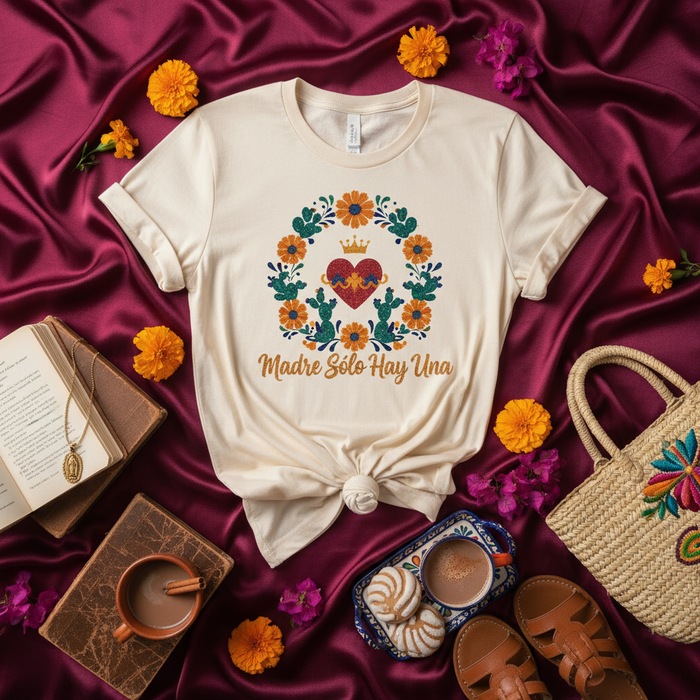 Maglietta Madre Solo Hay Una, Maglia Cuore Floreale Arte Popolare Messicana, Camicia Festa della Mamma Cinco de Mayo, Regalo Maglietta Corona Cactus Lingua Spagnola