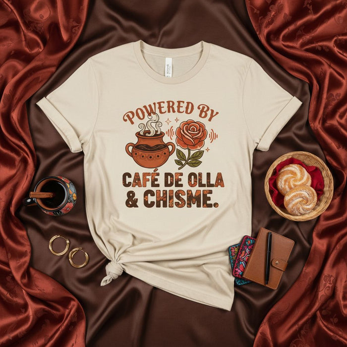 Powered by Café de Olla & Chisme Unisex T-Shirt | Mexican Coffee Lover Tee with Clay Pot and Rose Graphic | Funny Latino Culture Shirt Gift for Abuela, Tia, or Amiga