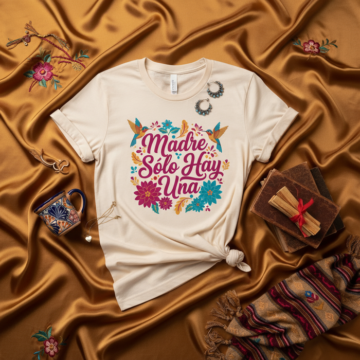 Madre Sólo Hay Una Camiseta Floral Estilo Bordado Mexicano Cita Española Regalo Día de la Madre Mamá Latina Camiseta Unisex Diseño Colibrí Celebración Fiesta Cultural