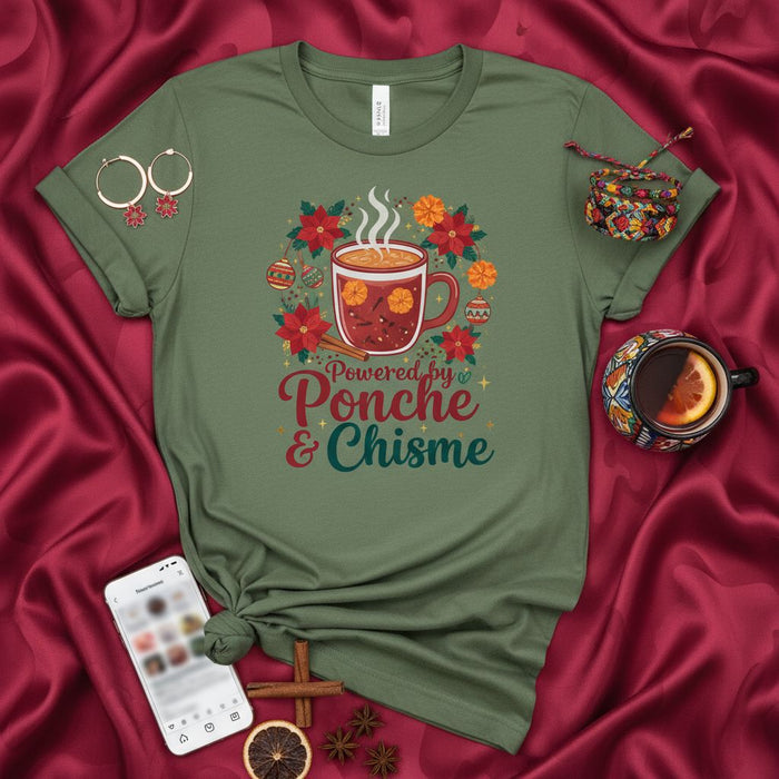 Powered by Ponche & Chisme Christmas T-Shirt, Hot Fruit Punch Holiday Tee, Latina Chistmas Gift, Poinsettia Graphic Shirt, Spanish Phrase Shirt, Festive Winter Drink Top