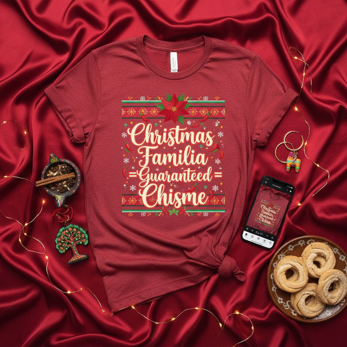 Christmas Familia = Guaranteed Chisme, Funny Ugly Christmas Sweater Style T-Shirt, Poinsettia Graphic Tee, Mexican Family Holiday Shirt for Men and Women, Spanglish Saying, Navidad Celebration Gift Idea