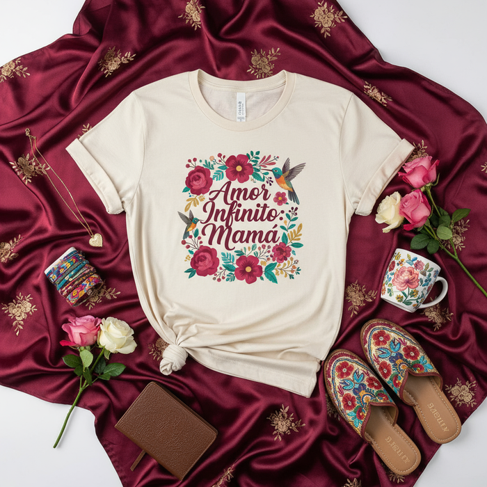 Maglietta Mamma Amore Infinito, Regalo Festa della Mamma, Maglia Spagnola per la Mamma, Design Floreale con Colibrì, Simpatica Maglietta Ispanica per la Mamma, Idea Regalo Día de la Madre