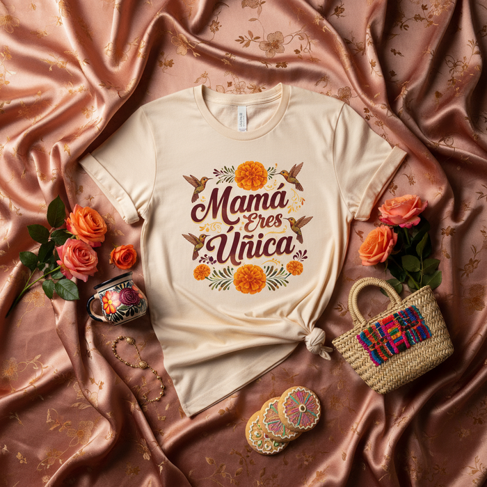 Camiseta Mamá Eres Única, Regalo Día de las Madres con Colibrí y Cempasúchil Floral, playera de mujer latina estética