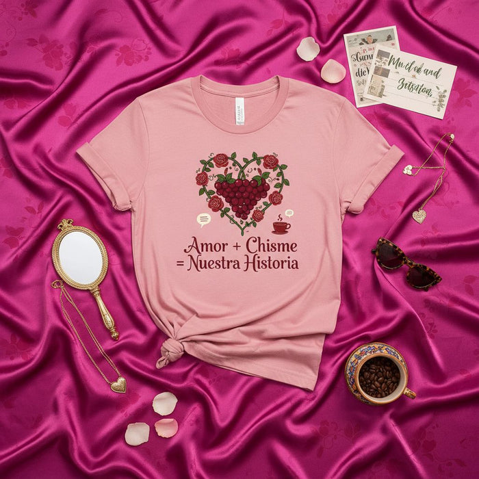 Amor + Chisme = Nuestra Historia T-Shirt, Spanish Quote Tee, Heart of Roses and Grapes Graphic, Latina Gift, Pink Unisex Shirt, Coffee Cup Detail