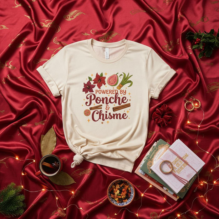 Powered By Ponche & Chisme T-Shirt, Unisex Holiday Tee, Christmas Poinsettia Guava Punch Shirt, Funny Spanish Quote Latine Gift Idea, Festive Winter Drink Apparel.