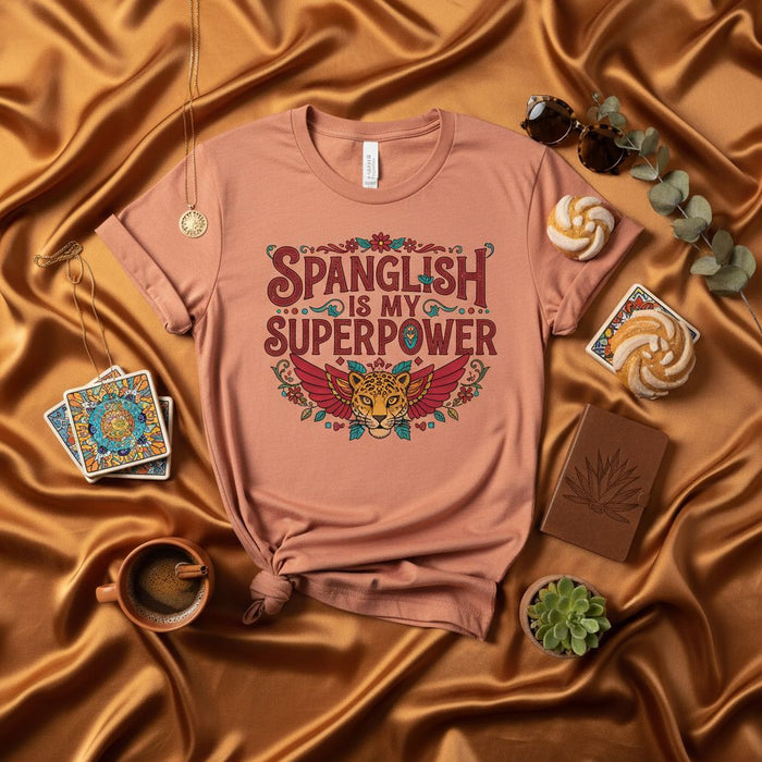 Spanglish is My Superpower T-Shirt, Bilingual Funny Gift for Latinos and Latinas, Unisex Tee with Jaguar Wings Design, Spanish English Mixer Shirt, Cultural Pride Apparel